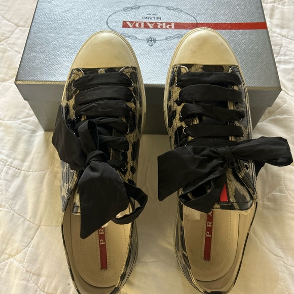 Prada Leopard Print Patent Sneakers with Ribbon Laces - Picture 8 of 14